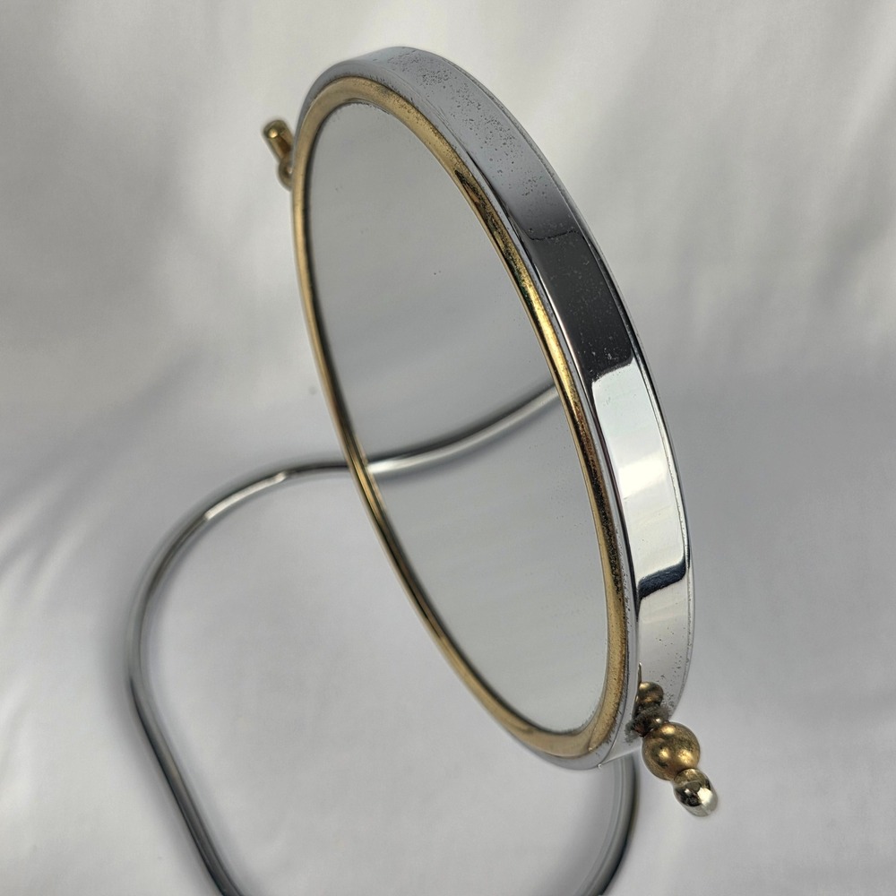 Vintage 5" Double Sided Folding Magnifying Travel Vanity Mirror MCM Chrome Brass - Picture 9 of 13